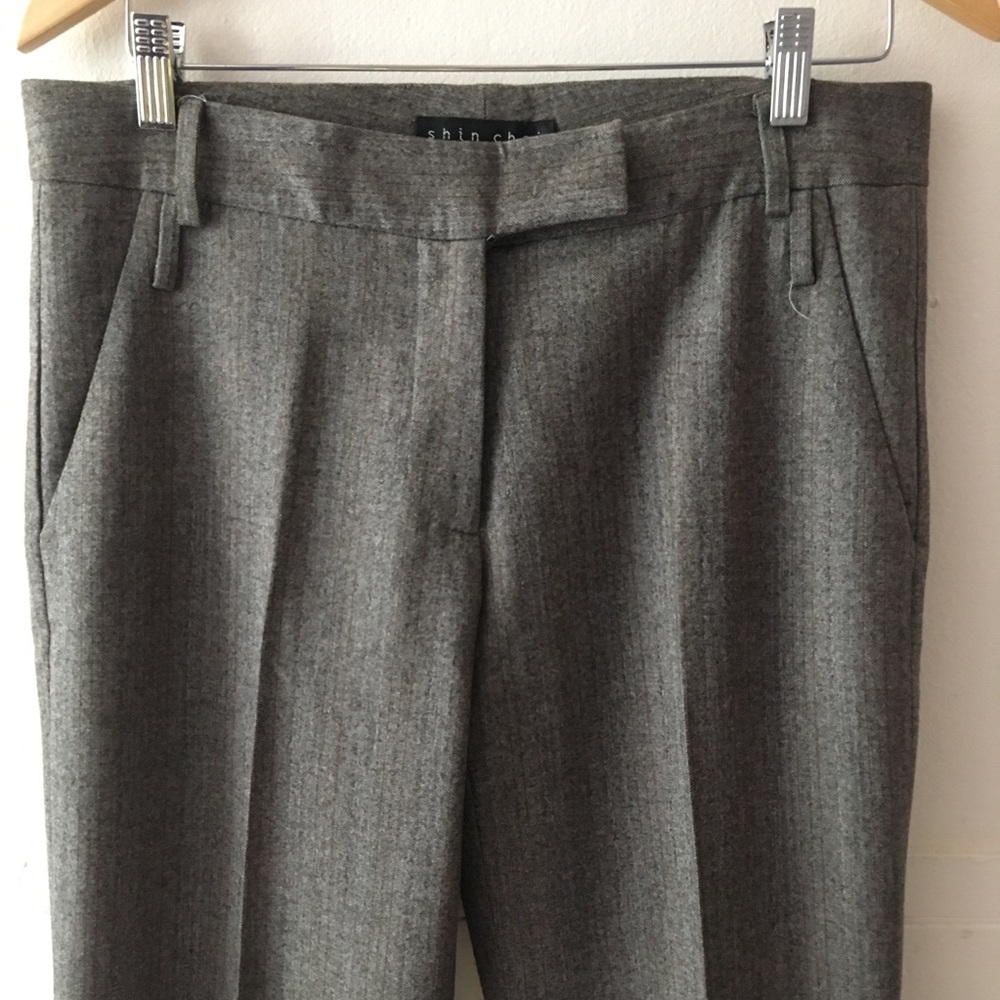 NWT NEW Shin Choi Double Belt Loop 100% Wool Tweed Pinstripe Bootcut Trousers